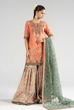 Block Print Raw Silk 3 Piece Suit - Orange