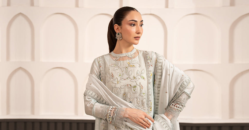 Embroidered Raw Silk 3 Piece Suit for Women – Ice Blue