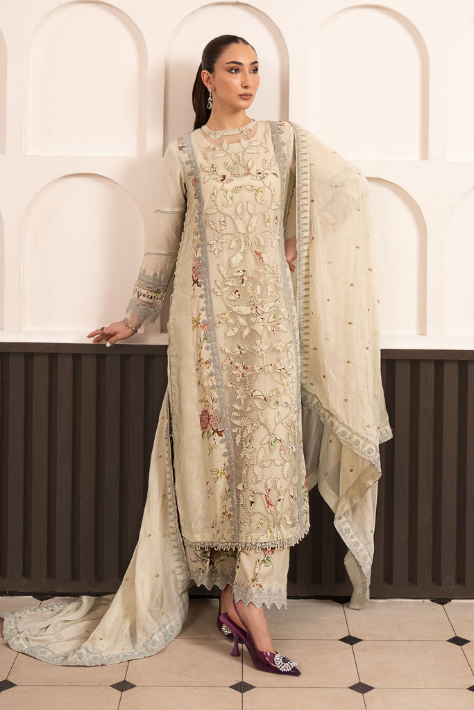 3 Piece Embroidered Raw Silk Suit for Women – Light Yellow