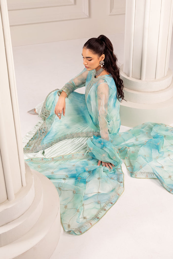 Ferozi Light Blue 3 Piece Embroidered Organza Suit
