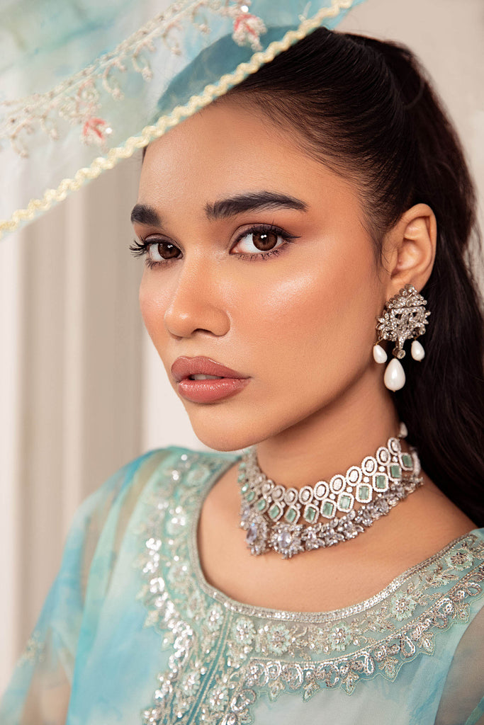Ferozi Light Blue 3 Piece Embroidered Organza Suit
