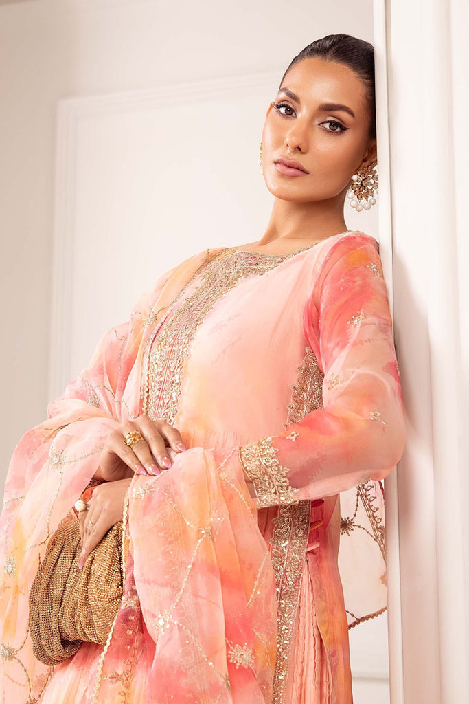 3 Piece Embroidered Organza Suit in Pink