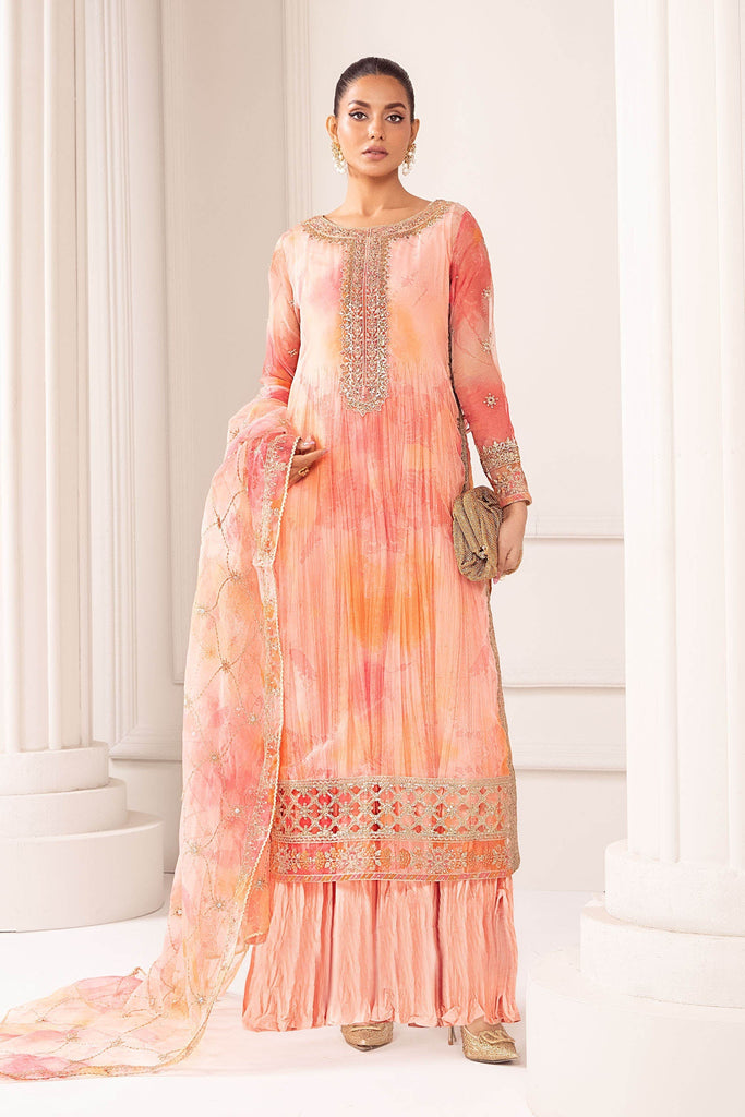 3 Piece Embroidered Organza Suit in Pink