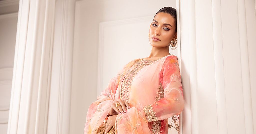 3 Piece Embroidered Organza Suit in Pink
