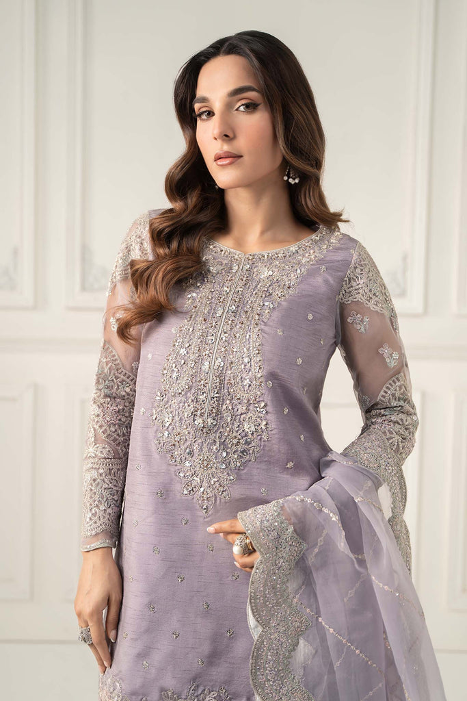 3 Piece Embroidered Raw Silk Suit for Women - Purple