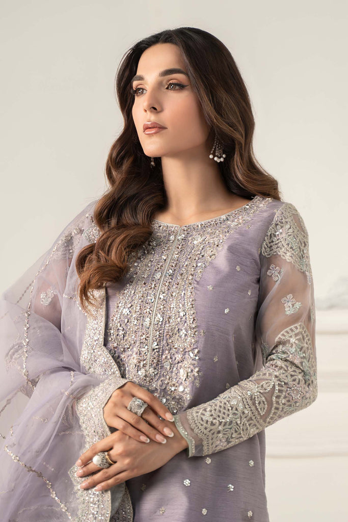 3 Piece Embroidered Raw Silk Suit for Women - Purple