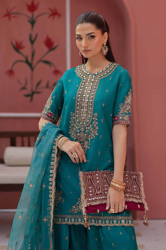 Spray Embroidered Raw Silk Suit for Women - Green