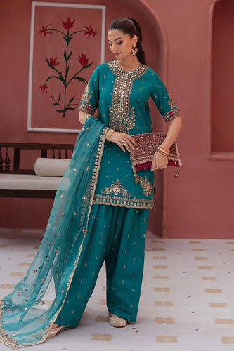 Spray Embroidered Raw Silk Suit for Women - Green