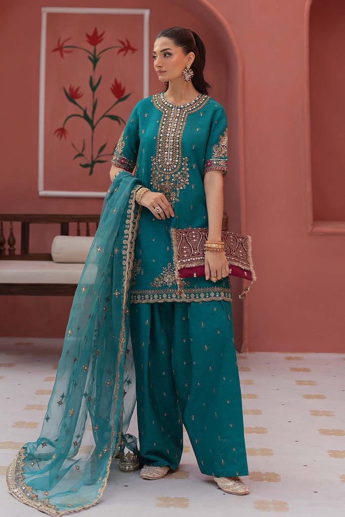 Spray Embroidered Raw Silk Suit for Women - Green
