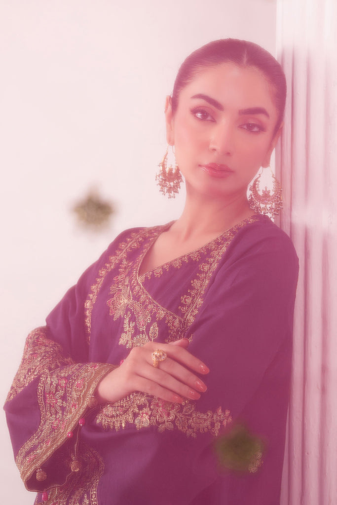 3 Piece Embroidered Raw Silk Angrakha Suit - Purple