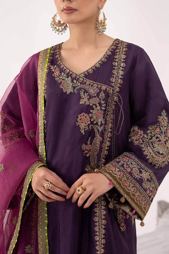 3 Piece Embroidered Raw Silk Angrakha Suit - Purple