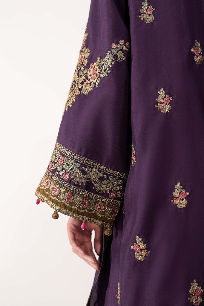 3 Piece Embroidered Raw Silk Angrakha Suit - Purple