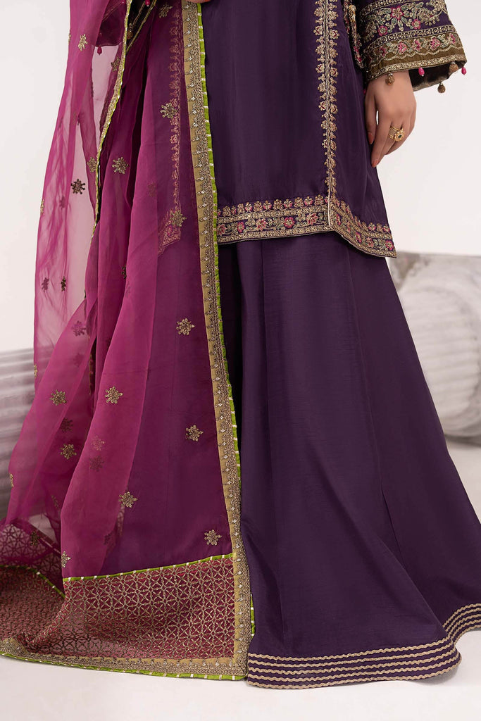 3 Piece Embroidered Raw Silk Angrakha Suit - Purple