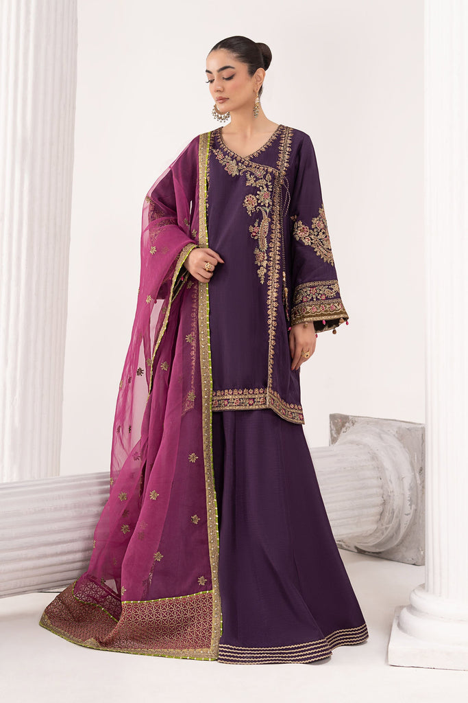 3 Piece Embroidered Raw Silk Angrakha Suit - Purple