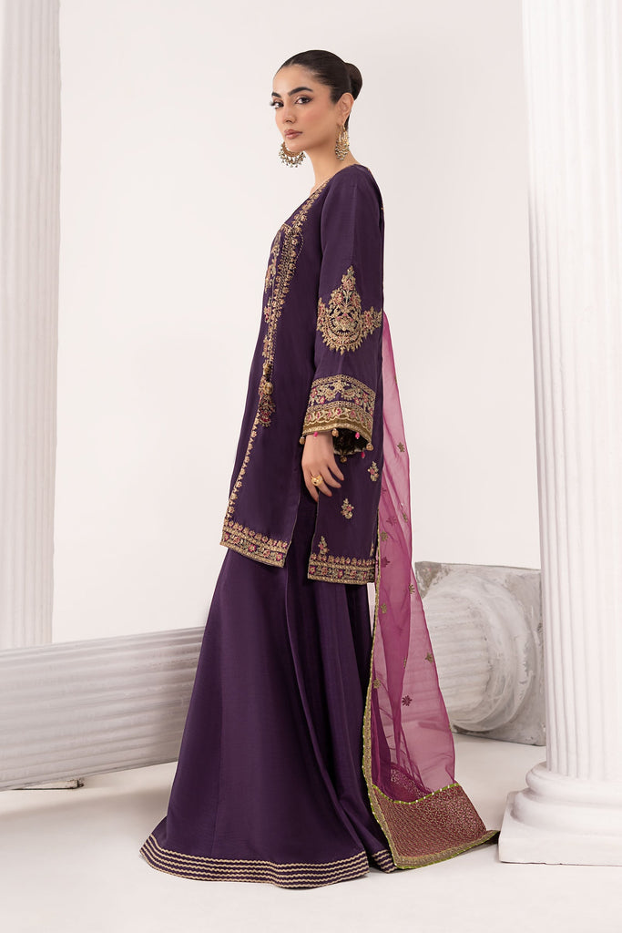 3 Piece Embroidered Raw Silk Angrakha Suit - Purple