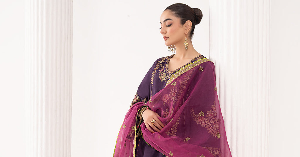 3 Piece Embroidered Raw Silk Angrakha Suit - Purple
