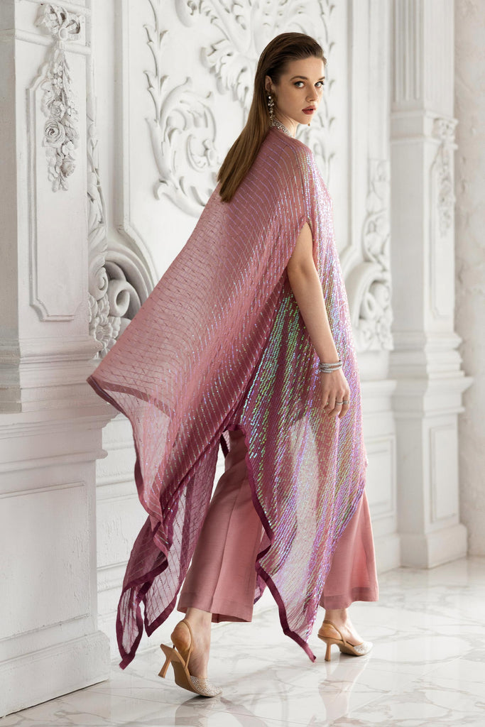 3 Piece Sequin Embroidered Chiffon Suit in Pink