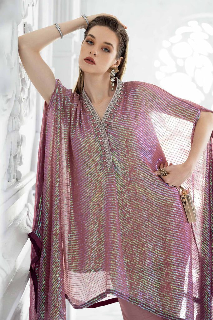 3 Piece Sequin Embroidered Chiffon Suit in Pink