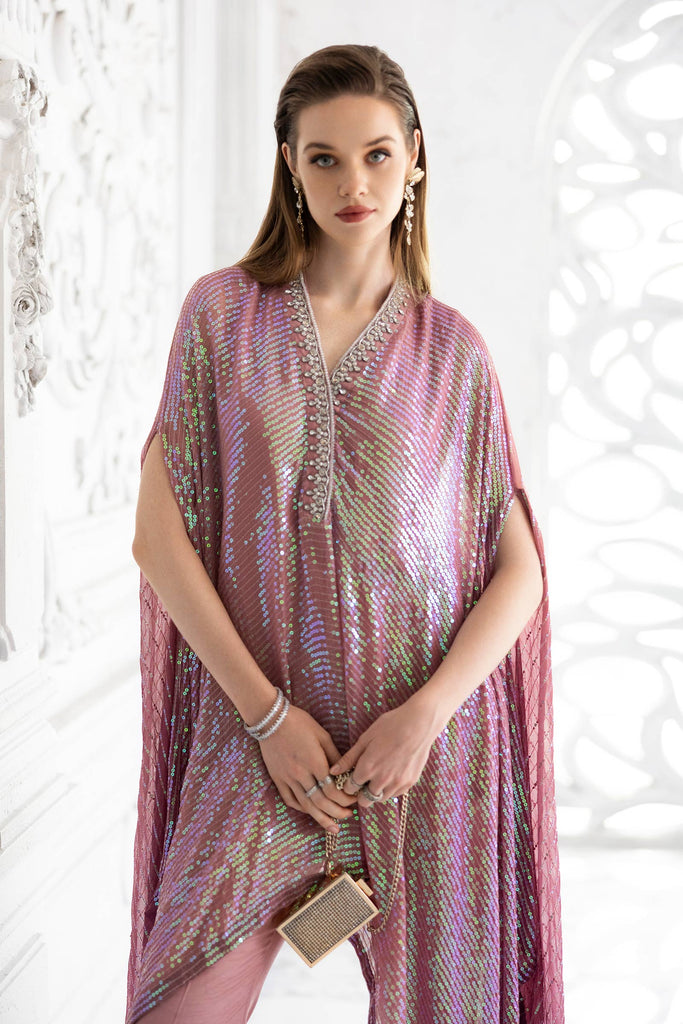 3 Piece Sequin Embroidered Chiffon Suit in Pink