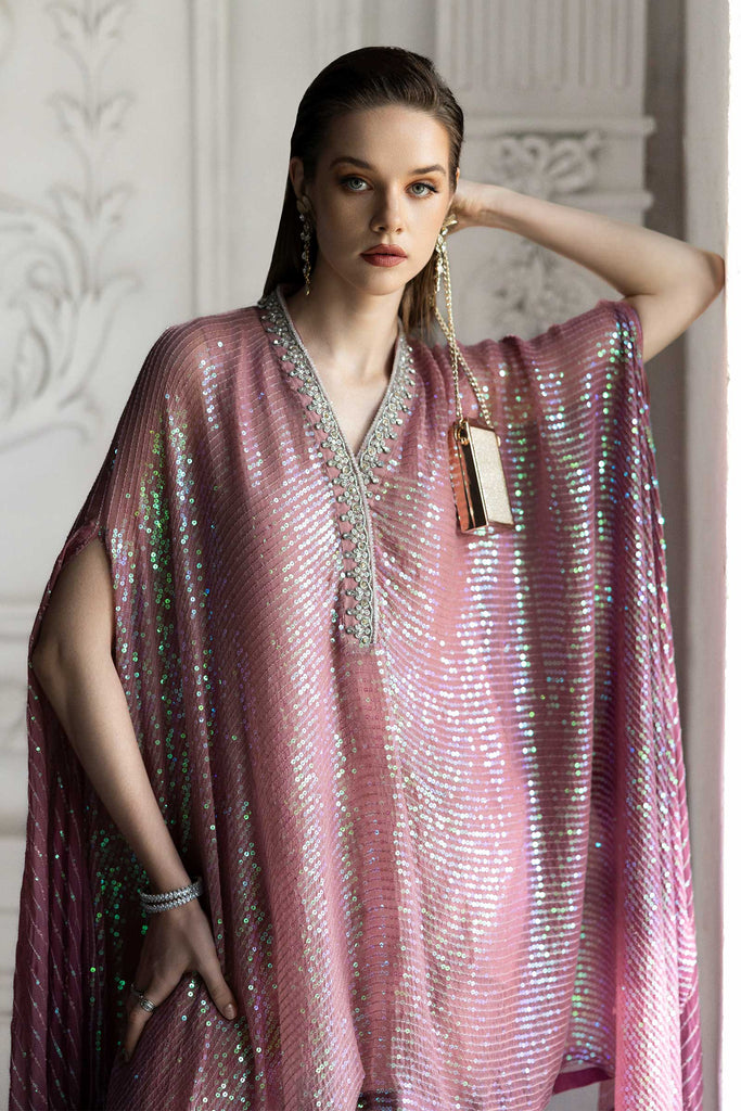3 Piece Sequin Embroidered Chiffon Suit in Pink