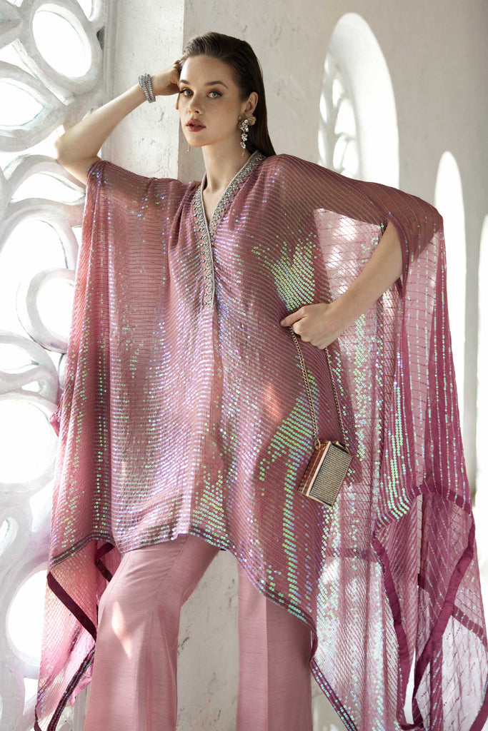 3 Piece Sequin Embroidered Chiffon Suit in Pink