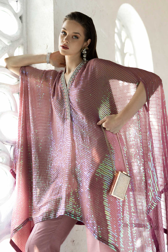 3 Piece Sequin Embroidered Chiffon Suit in Pink