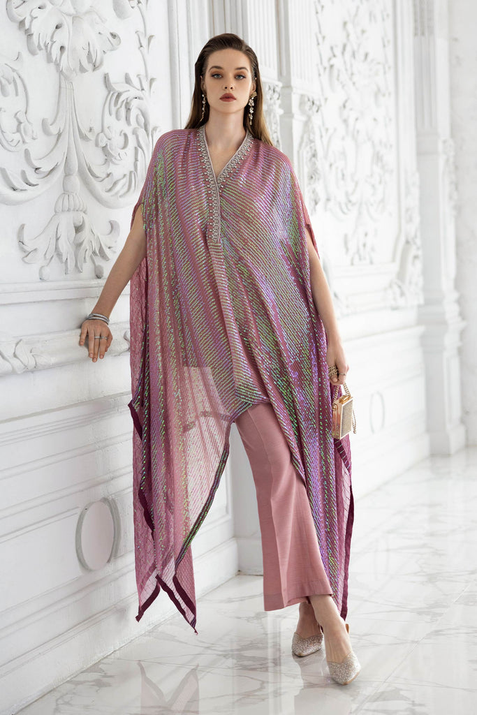 3 Piece Sequin Embroidered Chiffon Suit in Pink
