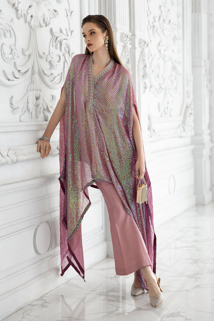 3 Piece Sequin Embroidered Chiffon Suit in Pink