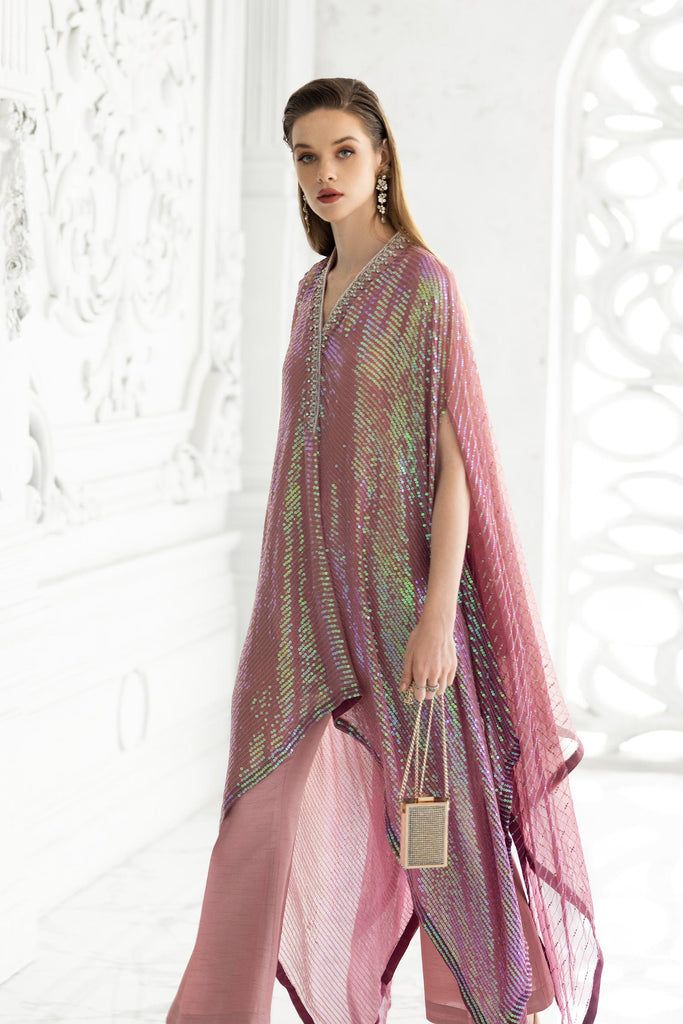 3 Piece Sequin Embroidered Chiffon Suit in Pink