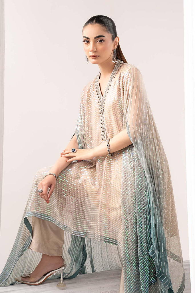3 Piece Embroidered Chiffon Kaftan Suit - Green