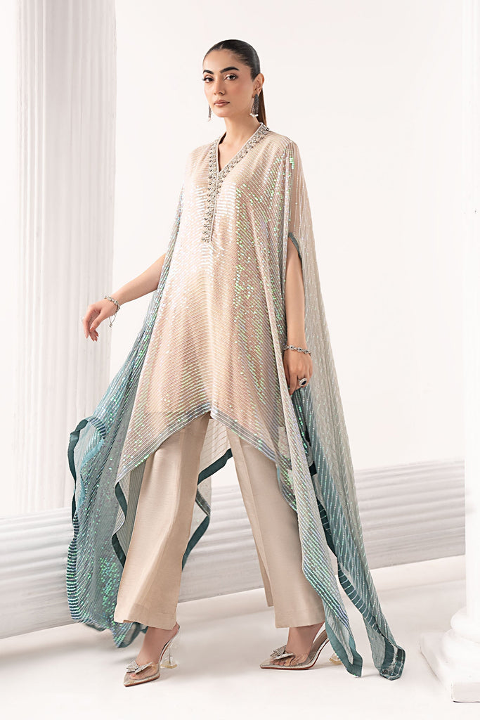 3 Piece Embroidered Chiffon Kaftan Suit - Green