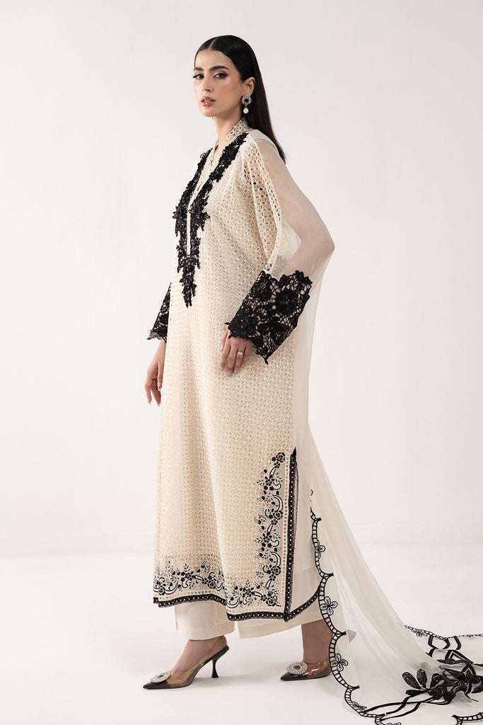 3 Piece Embroidered Chiffon Suit for Women - Off-White