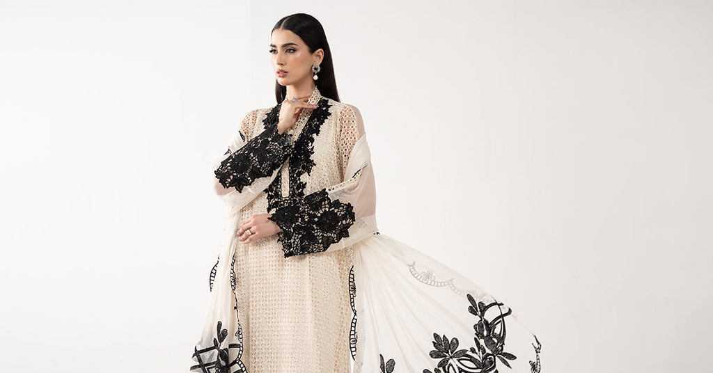 3 Piece Embroidered Chiffon Suit for Women - Off-White