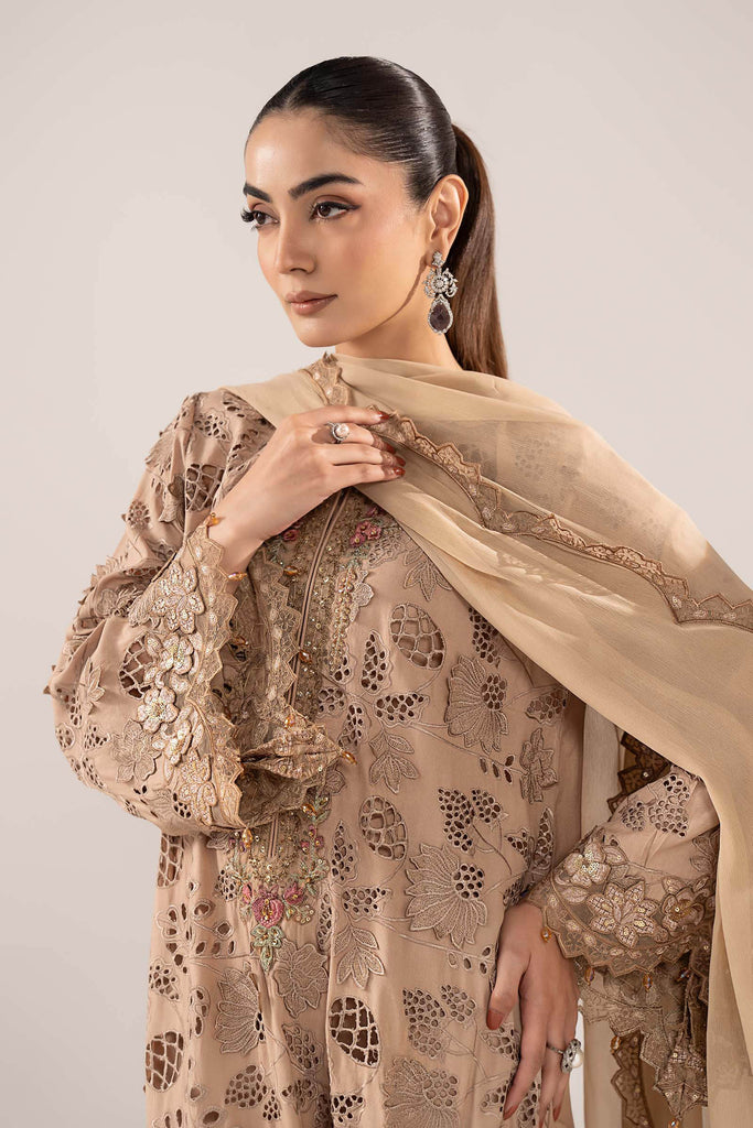 3 Piece Schiffli Embroidered Raw Silk Suit – Beige