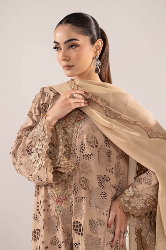3 Piece Schiffli Embroidered Raw Silk Suit – Beige