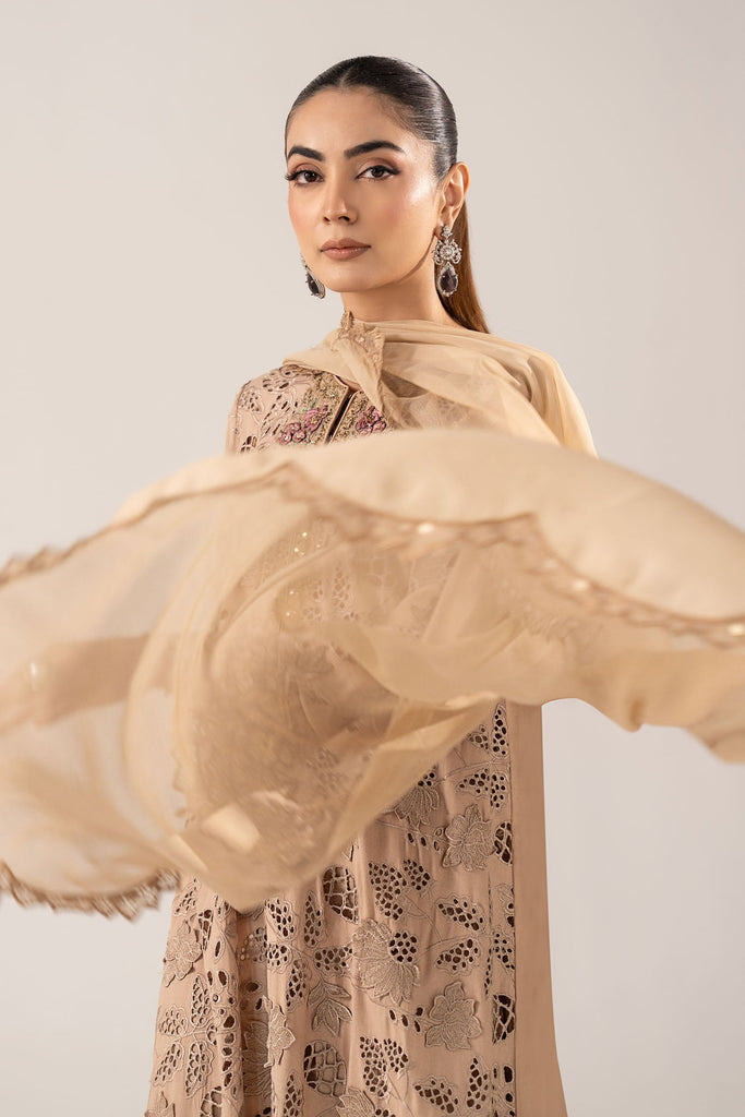 3 Piece Schiffli Embroidered Raw Silk Suit – Beige