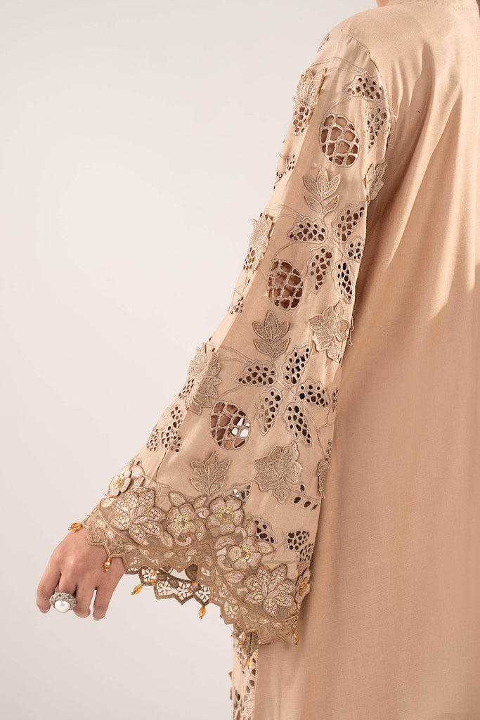 3 Piece Schiffli Embroidered Raw Silk Suit – Beige