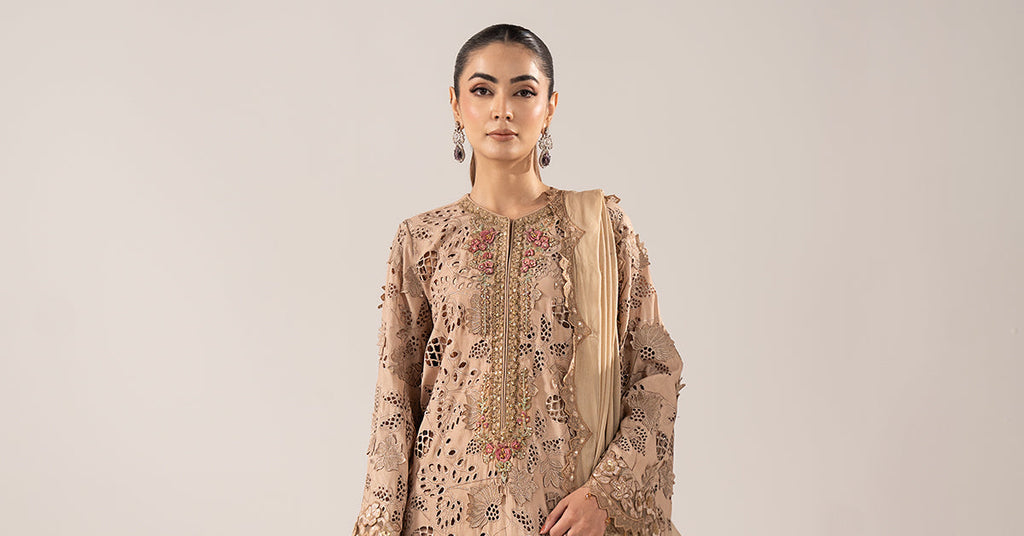 3 Piece Schiffli Embroidered Raw Silk Suit – Beige
