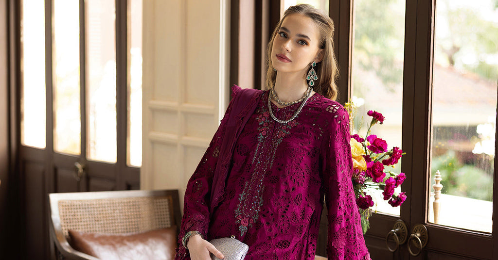 Maria.B 3 Piece Embroidered Raw Silk Suit – Maroon