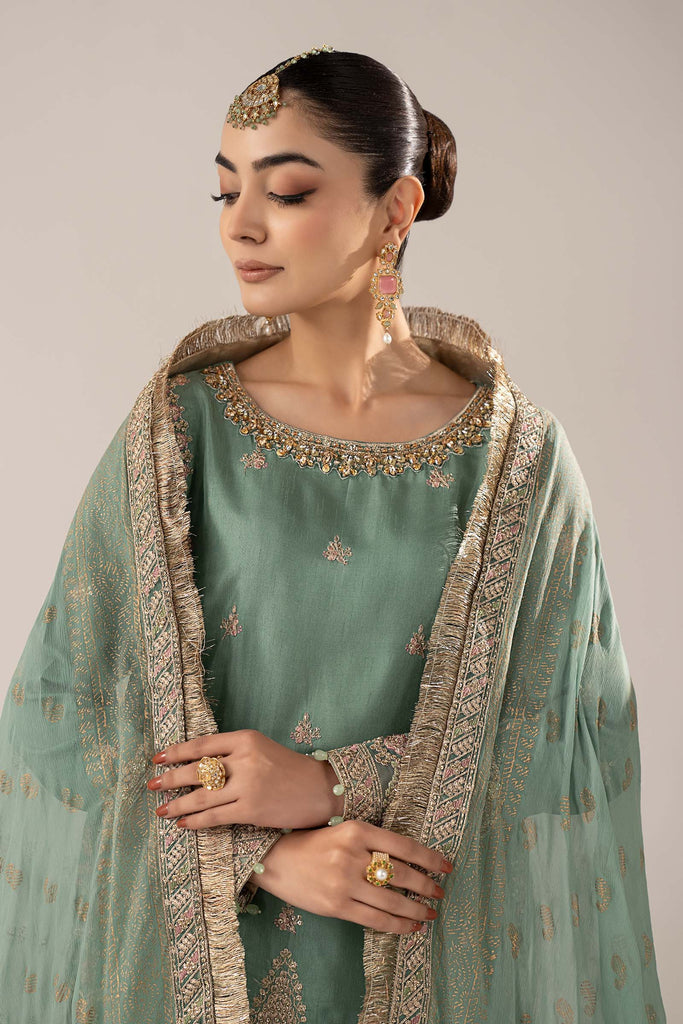 3 Piece Embroidered Raw Silk Gharara Suit for Women – Green