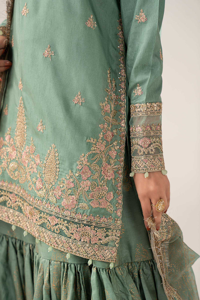 3 Piece Embroidered Raw Silk Gharara Suit for Women – Green