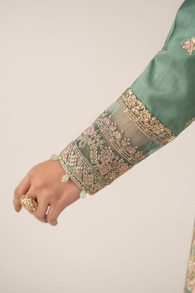 3 Piece Embroidered Raw Silk Gharara Suit for Women – Green