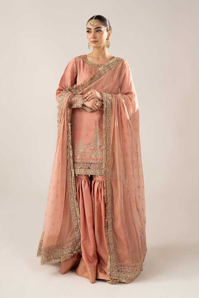 Embroidered Raw Silk Gharara Suit in Pink