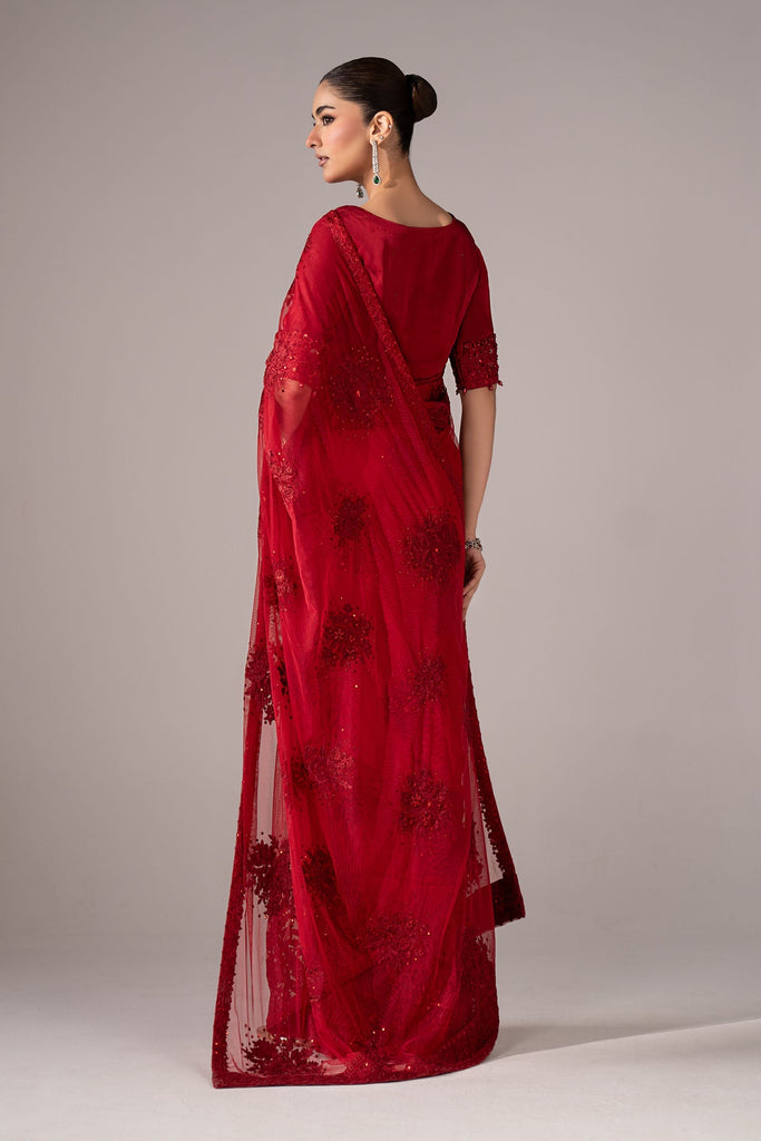 Maria.B Embroidered Chiffon Saree – Red