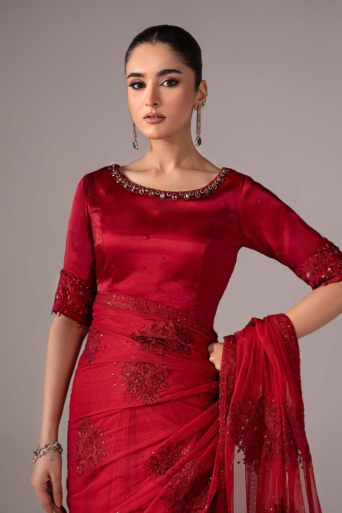 Maria.B Embroidered Chiffon Saree – Red