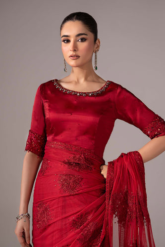 Maria.B Embroidered Chiffon Saree – Red