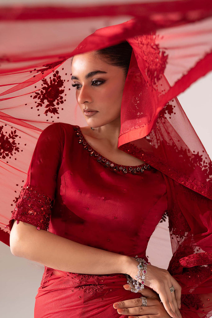 Maria.B Embroidered Chiffon Saree – Red