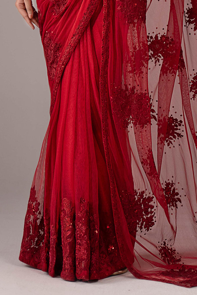 Maria.B Embroidered Chiffon Saree – Red