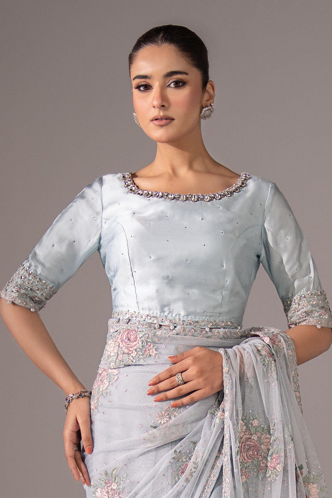 Blue Embroidered Chiffon Saree for Women