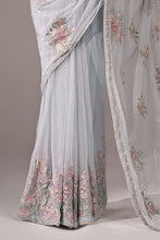 Load image into Gallery viewer, Blue Embroidered Chiffon Saree for Women